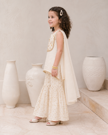 Natural Fab Girls Ivory Sharara Set with Dupatta & Gold Embroidery | Festive Ethnic Wear
