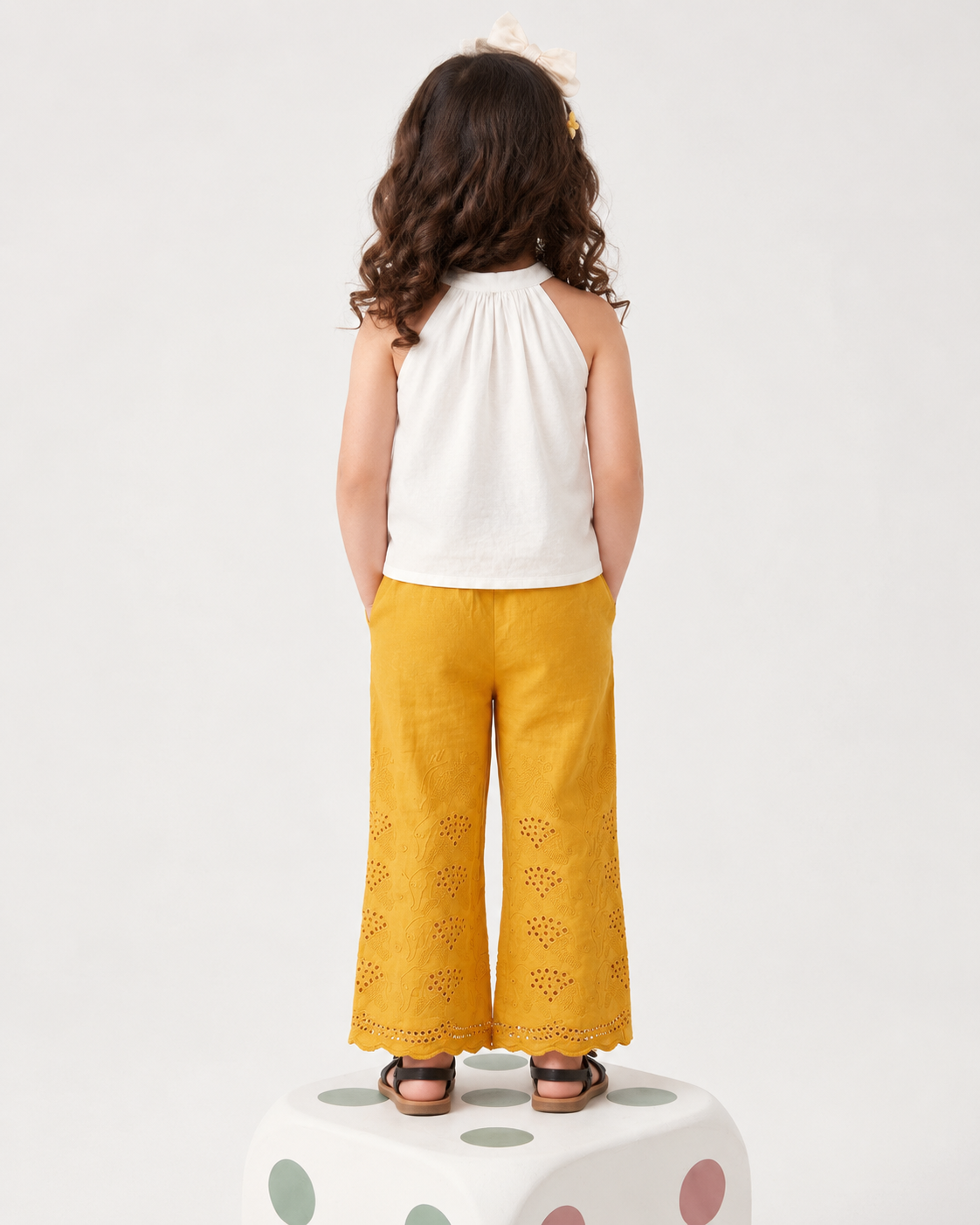 Natural Fab Girls White & Mustard Yellow Co-Ord Set with Embroidered Top & Wide-Leg Pants