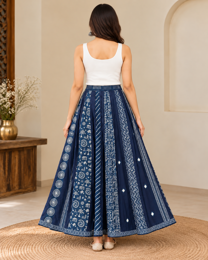 Women’s Navy Blue Cotton Mirror Work Flared Skirt with Ethnic Handcrafted Print