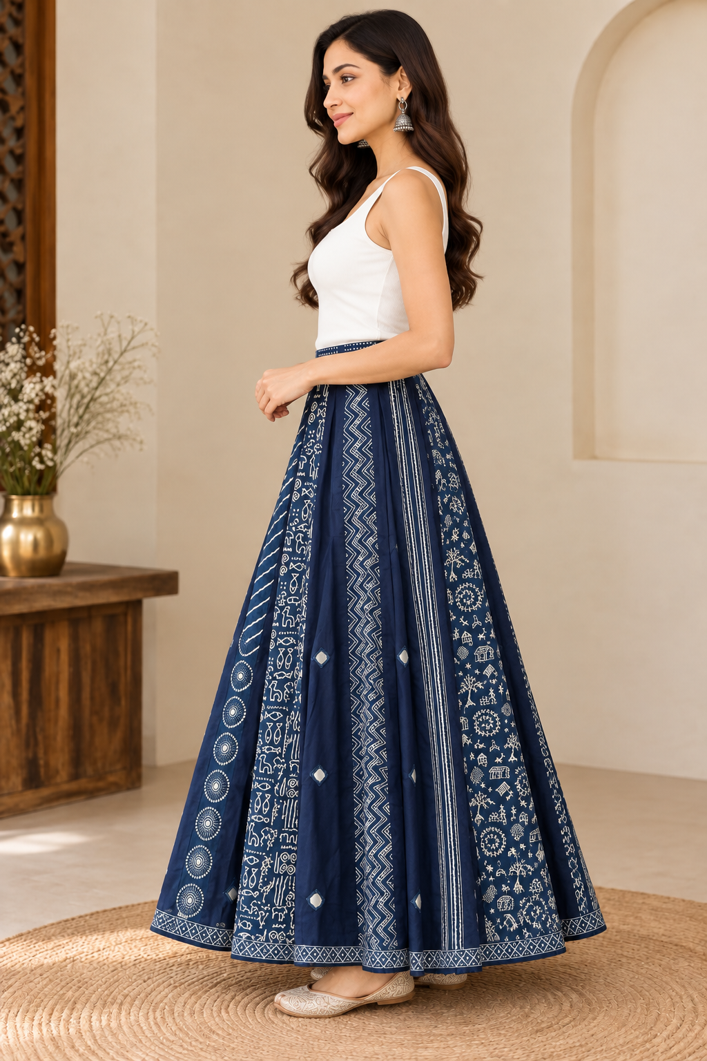 Women’s Navy Blue Cotton Mirror Work Flared Skirt with Ethnic Handcrafted Print