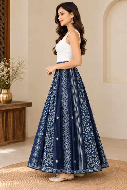 Women’s Navy Blue Cotton Mirror Work Flared Skirt with Ethnic Handcrafted Print