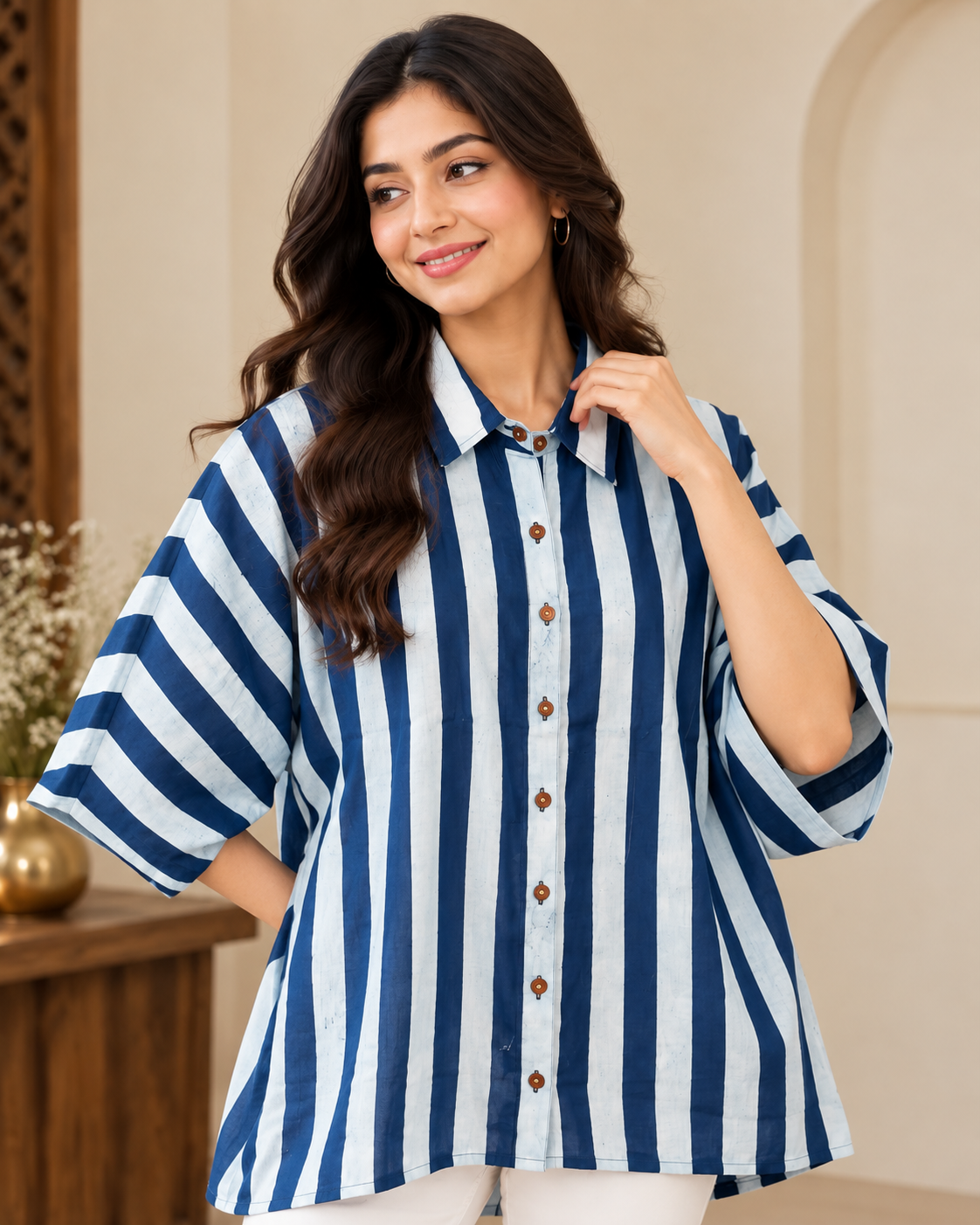 Women’s Indigo Hand Block Printed Cotton Kaftan Shirt with Stripes & Button-Down Collar