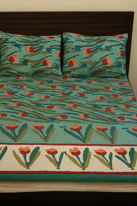 Floral Print Cotton Double Bedsheet with Pillow Covers – Green & Red Handblock Style | Size 100x108 Inches