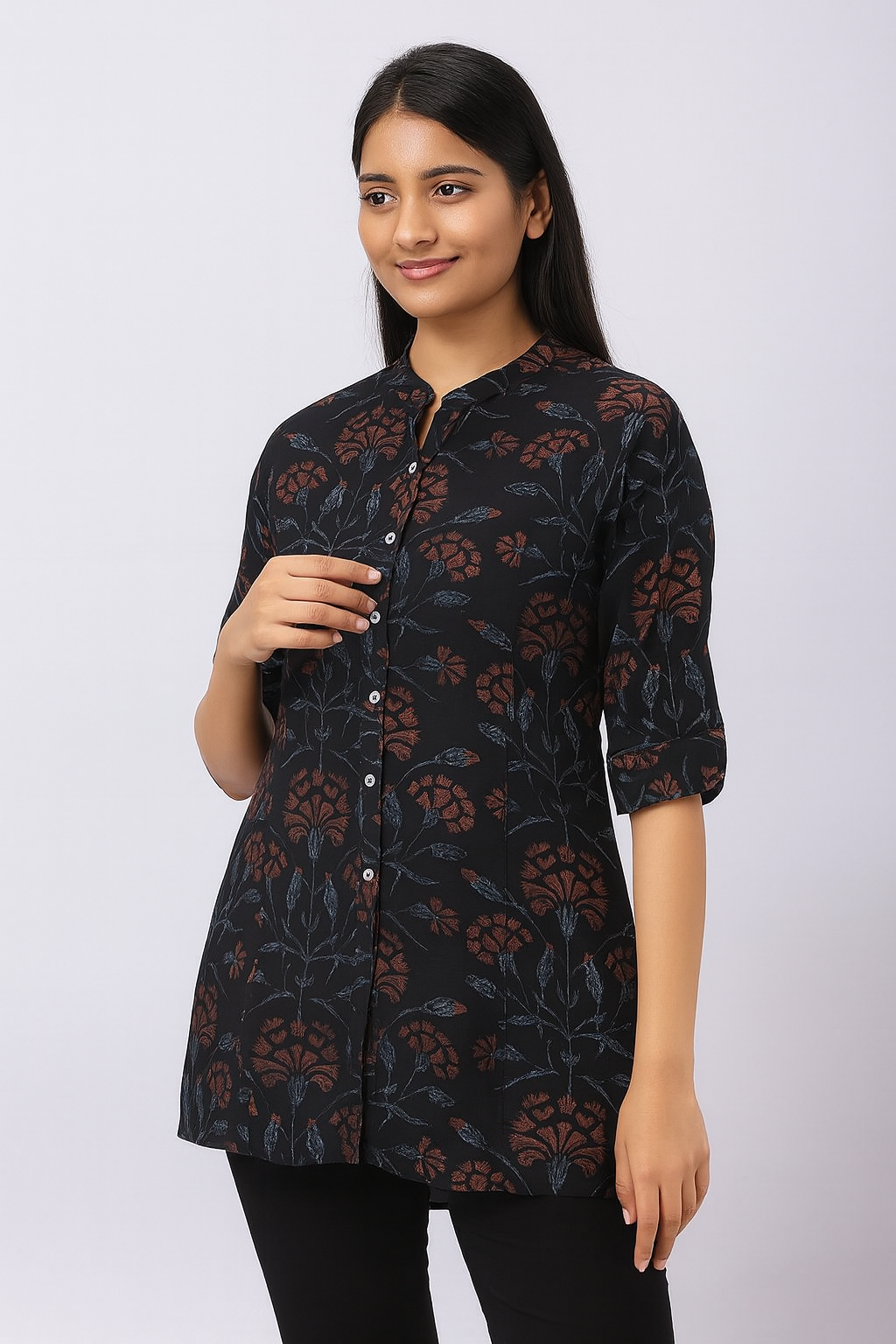 Women’s Black Rayon Short Kurti – Floral Printed Button-Down Tunic for Casual & Office Wear