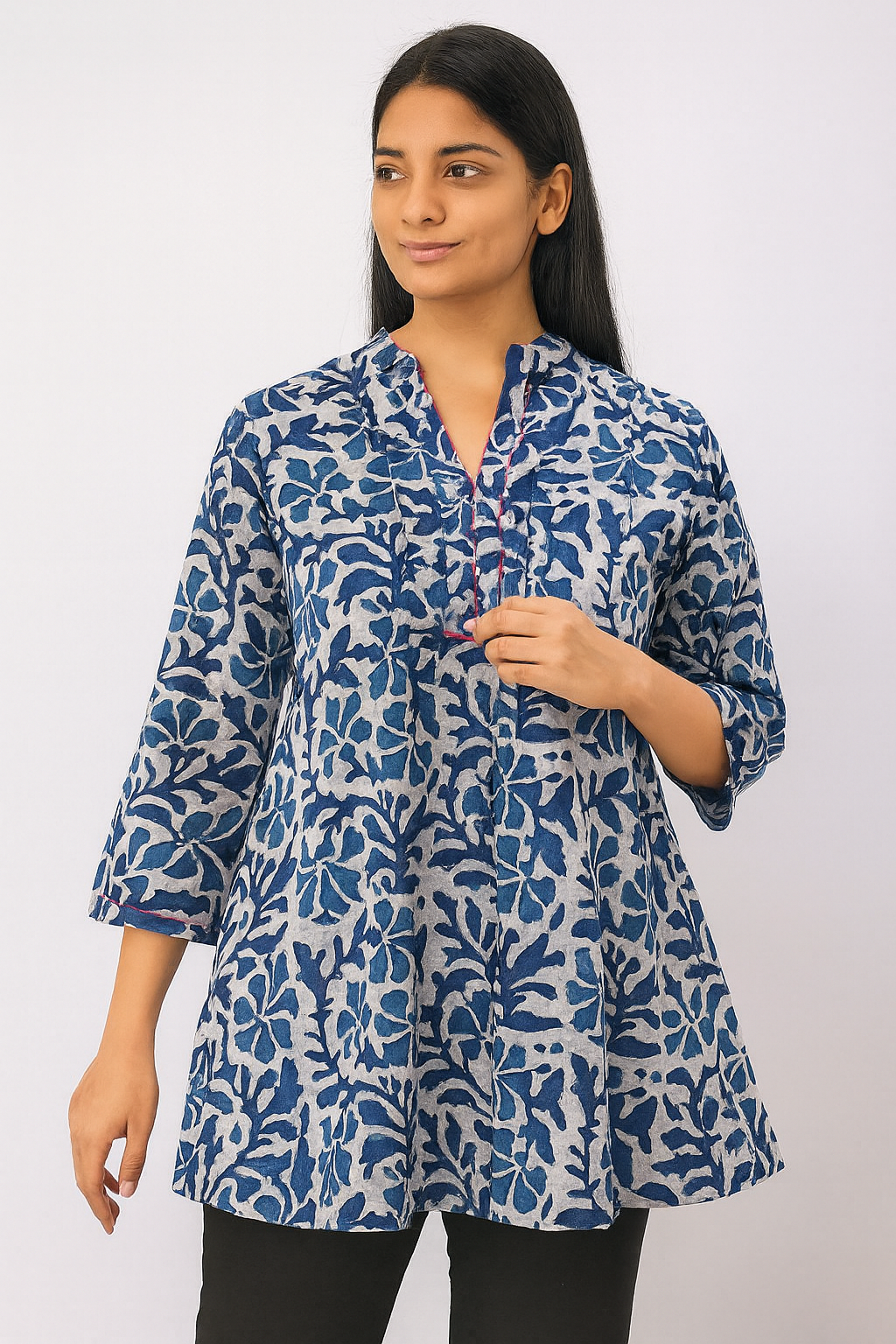 Women’s Blue Rayon Short Kurti – Block Printed A-Line Tunic for Casual & Office Wear