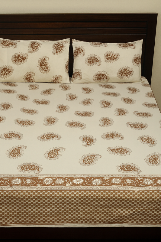 Classic Brown Paisley Print Cotton Double Bedsheet with Pillow Covers – Handblock Style | Size 100x108 Inches