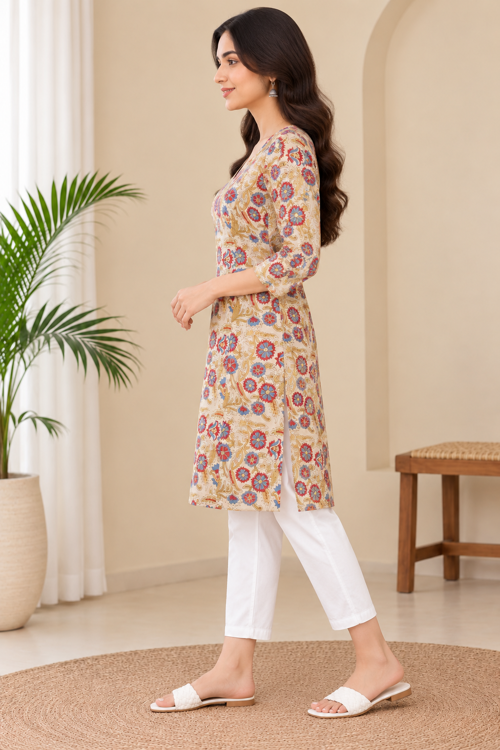 Naturalfab Women Hand Block Printed Knee-Length Cotton Kurti with 2 Side Pockets & 3/4 Sleeves