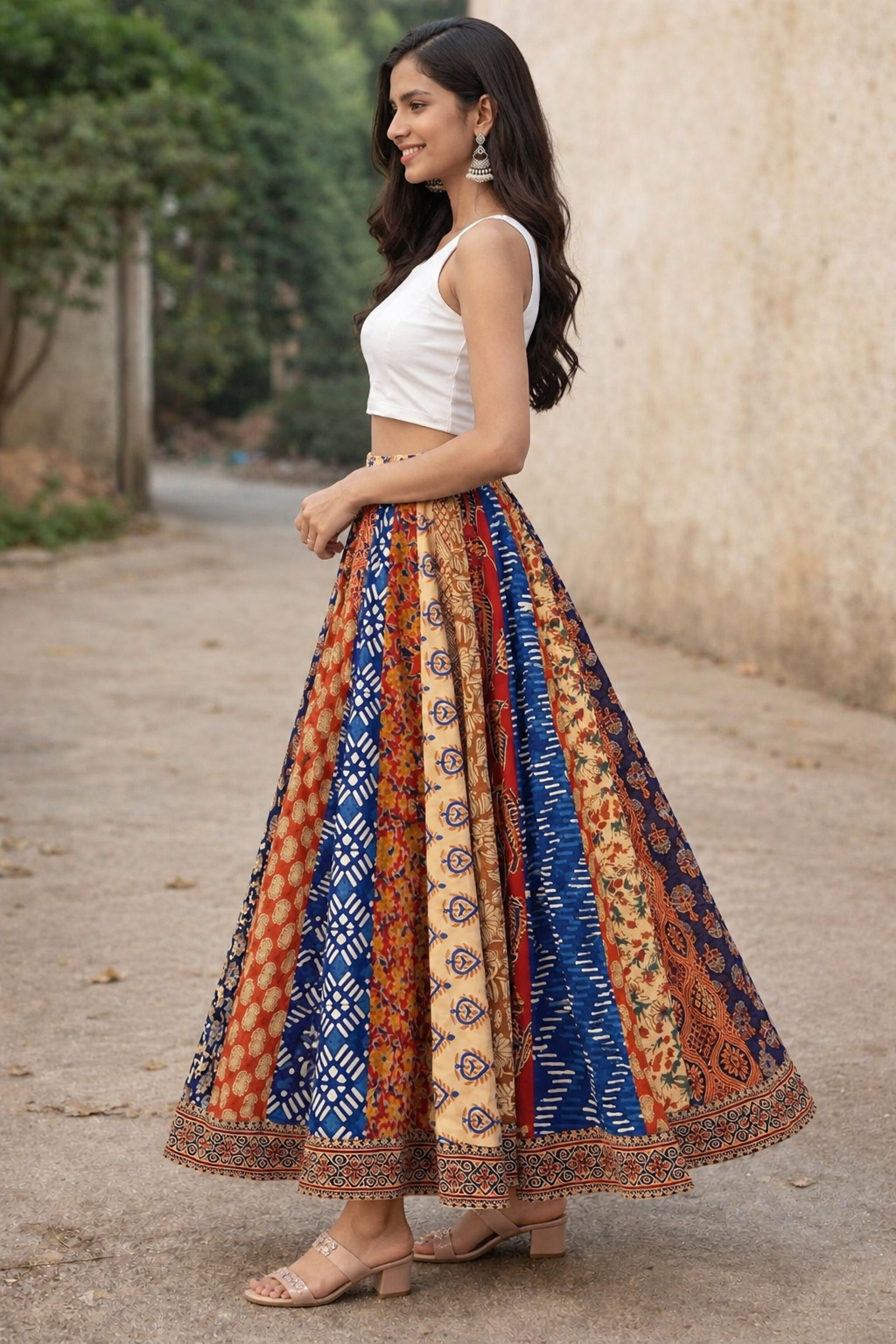 Women Multicolor Cotton Skirt – Patchwork Printed Flared Maxi Skirt | Ethnic Boho Long Skirt | Casual & Festive Wear | Natural Fab