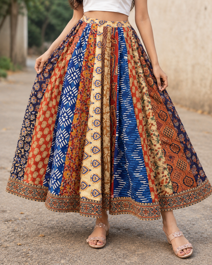 Women Multicolor Cotton Skirt – Patchwork Printed Flared Maxi Skirt | Ethnic Boho Long Skirt | Casual & Festive Wear | Natural Fab