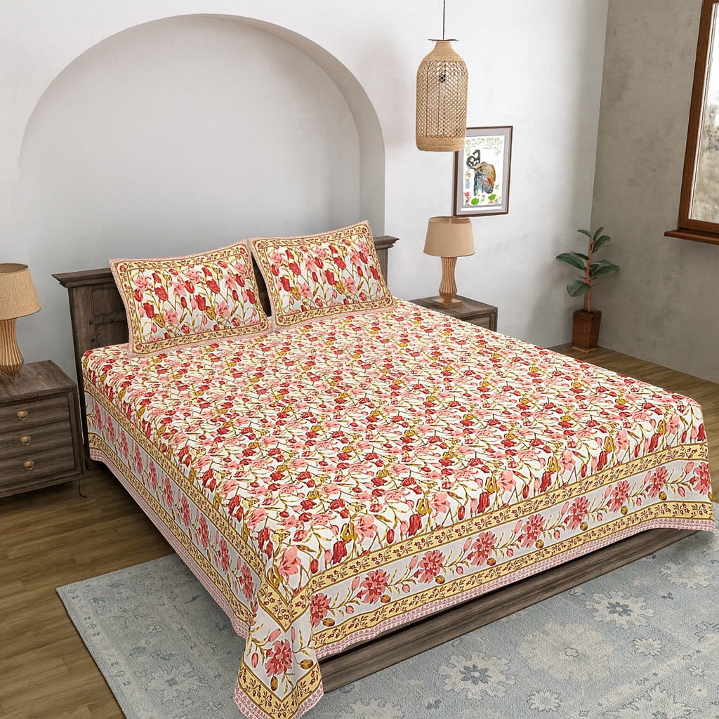 Bagru Inspired Bedsheet – Screen Print Double Bed Set with Pillow Covers