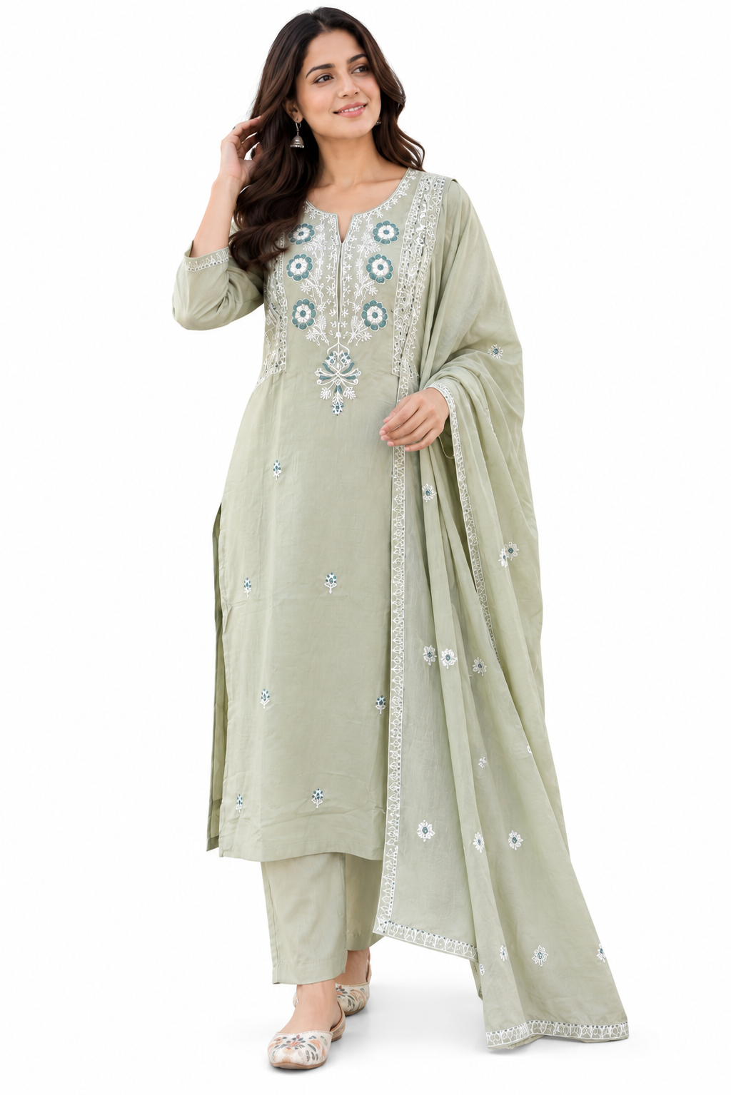 Natural Fab Women’s Sage Green Embroidered Kurta Pant Dupatta Set | Floral Embroidery Straight Kurti 3-Piece Ethnic Suit Set