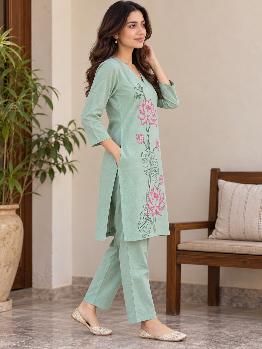 Natural Fab Women’s Mint Green Lotus Printed Co-ord Set | V-Neck Kurti with Straight Pants | 2-Piece Ethnic Set
