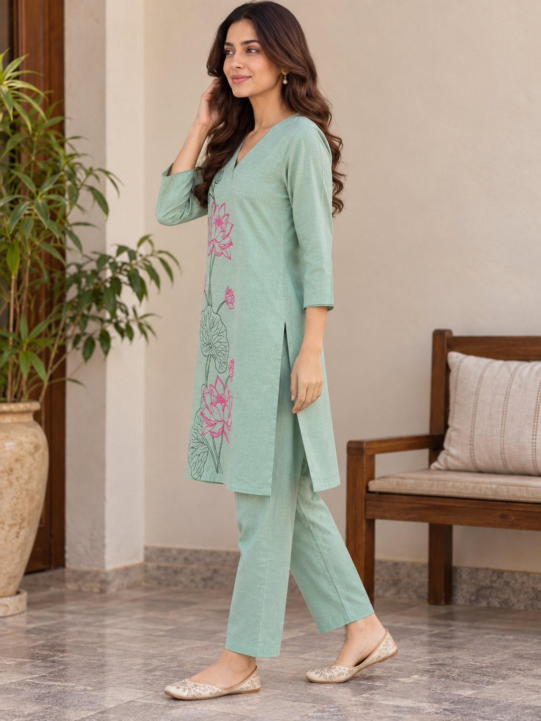 Natural Fab Women’s Mint Green Lotus Printed Co-ord Set | V-Neck Kurti with Straight Pants | 2-Piece Ethnic Set