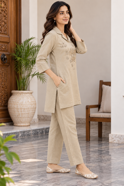 Natural Fab Women’s Beige Embroidered Co-ord Set | Collared Kurti Top with Straight Pants & Pockets | 2-Piece Ethnic Set