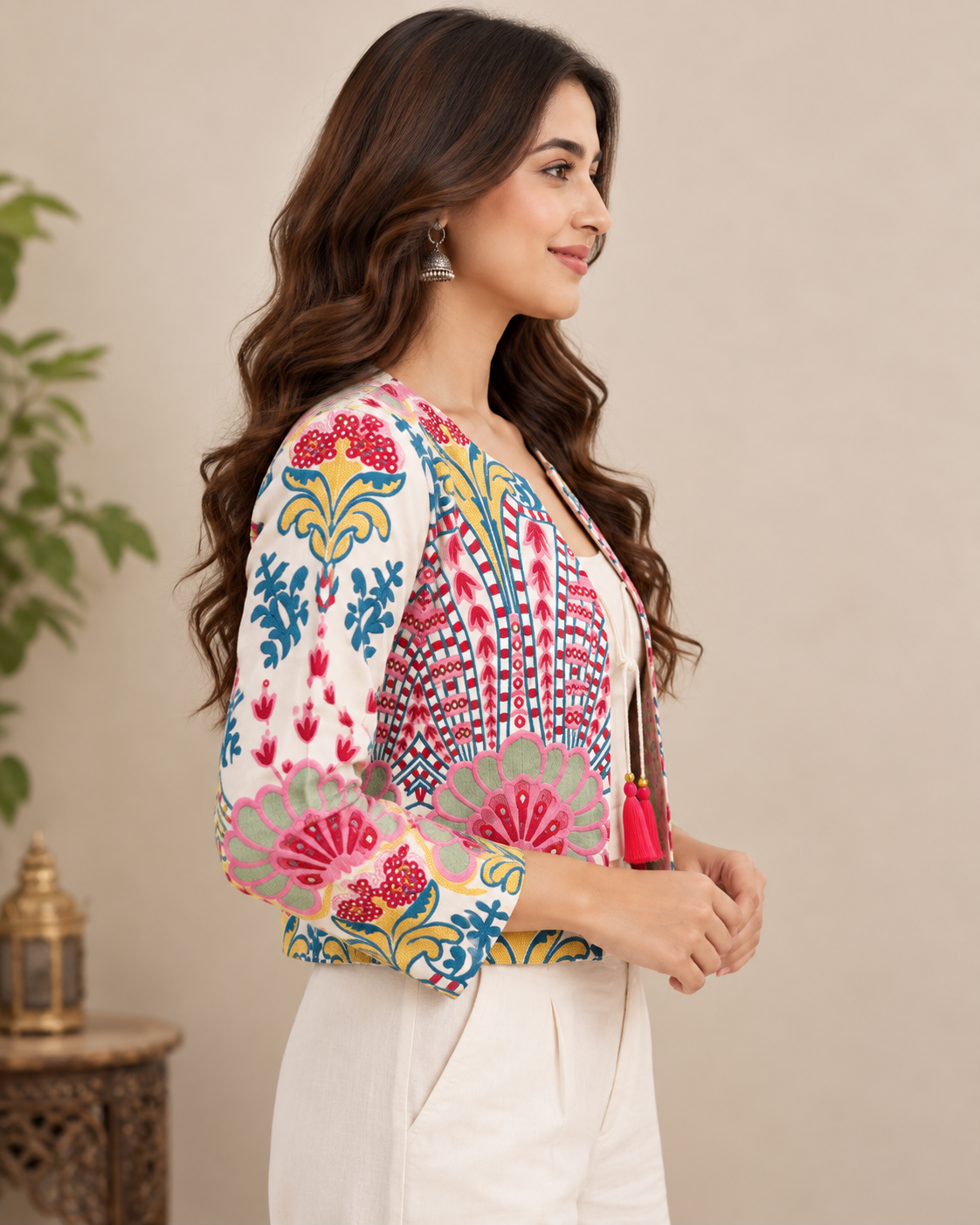 Women's Ivory Multicolour Floral Embroidered Crop Jacket with Open Front & Ethnic Design