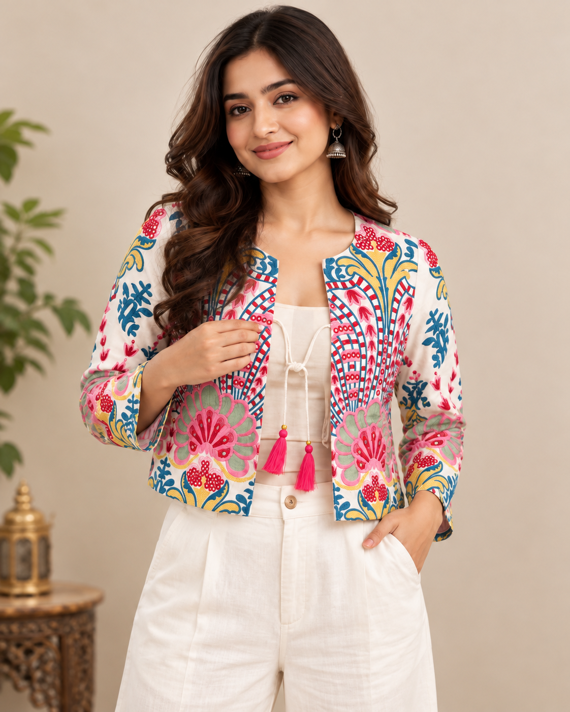 Women's Ivory Multicolour Floral Embroidered Crop Jacket with Open Front & Ethnic Design