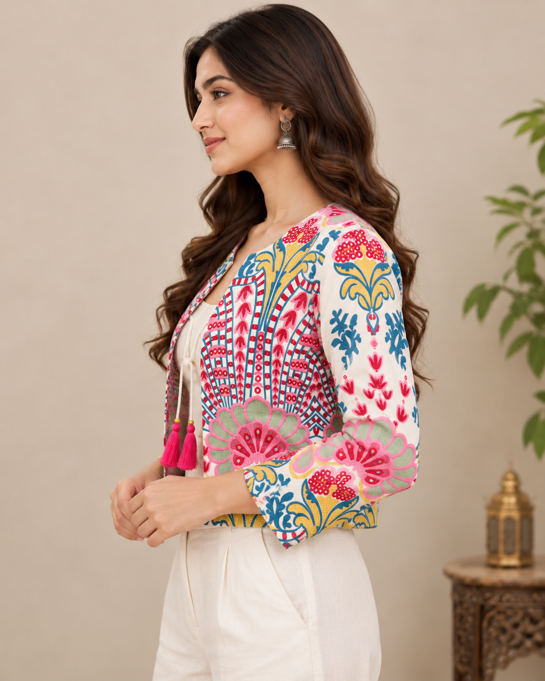 Women's Ivory Multicolour Floral Embroidered Crop Jacket with Open Front & Ethnic Design