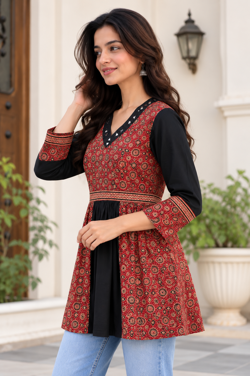 Natural Fab Women's Maroon Ajrakh Printed Black Flared Peplum Top with Mirror Work V-Neck