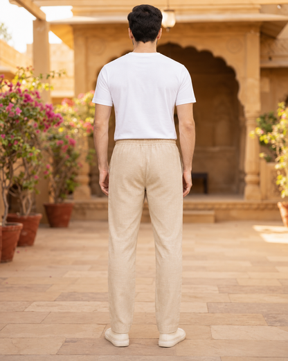Men’s Cotton Linen Blend Beige Pants | Relaxed Fit Drawstring Casual Trousers with Pockets