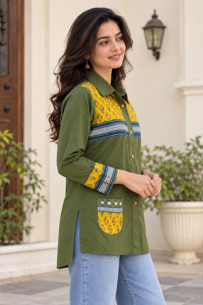 Natural Fab Women's Olive Green Cotton Printed Shirt Style Top with Patch Pocket & Full Sleeves