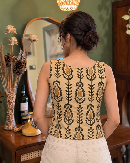 Natural Fab Women's Beige Hand Block Printed Cotton Crop Top | Sleeveless Ethnic Paisley Casual Top