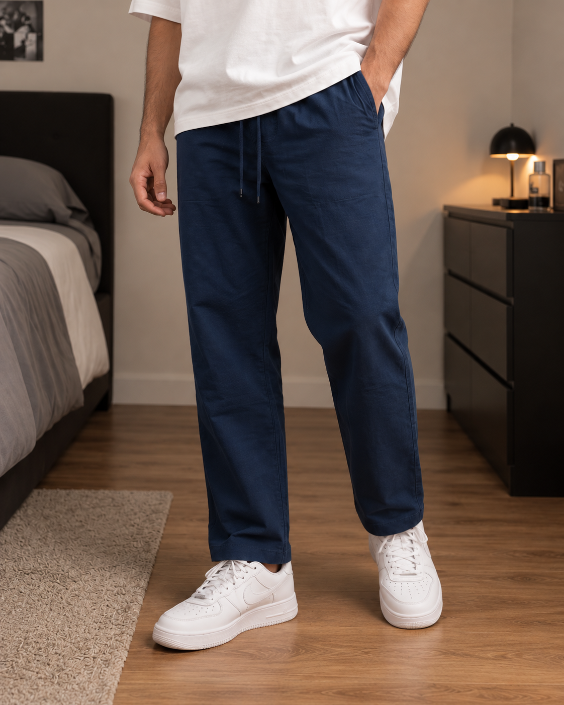 Men’s Cotton Linen Blend Royal Blue Pants | Relaxed Fit Drawstring Casual Trousers with Pockets