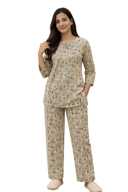 Women Cotton Night Suit Set – Soft Breathable Printed Sleepwear | Beige Printed Lounge Wear | Comfortable Nightwear for Daily Use | Natural Fab