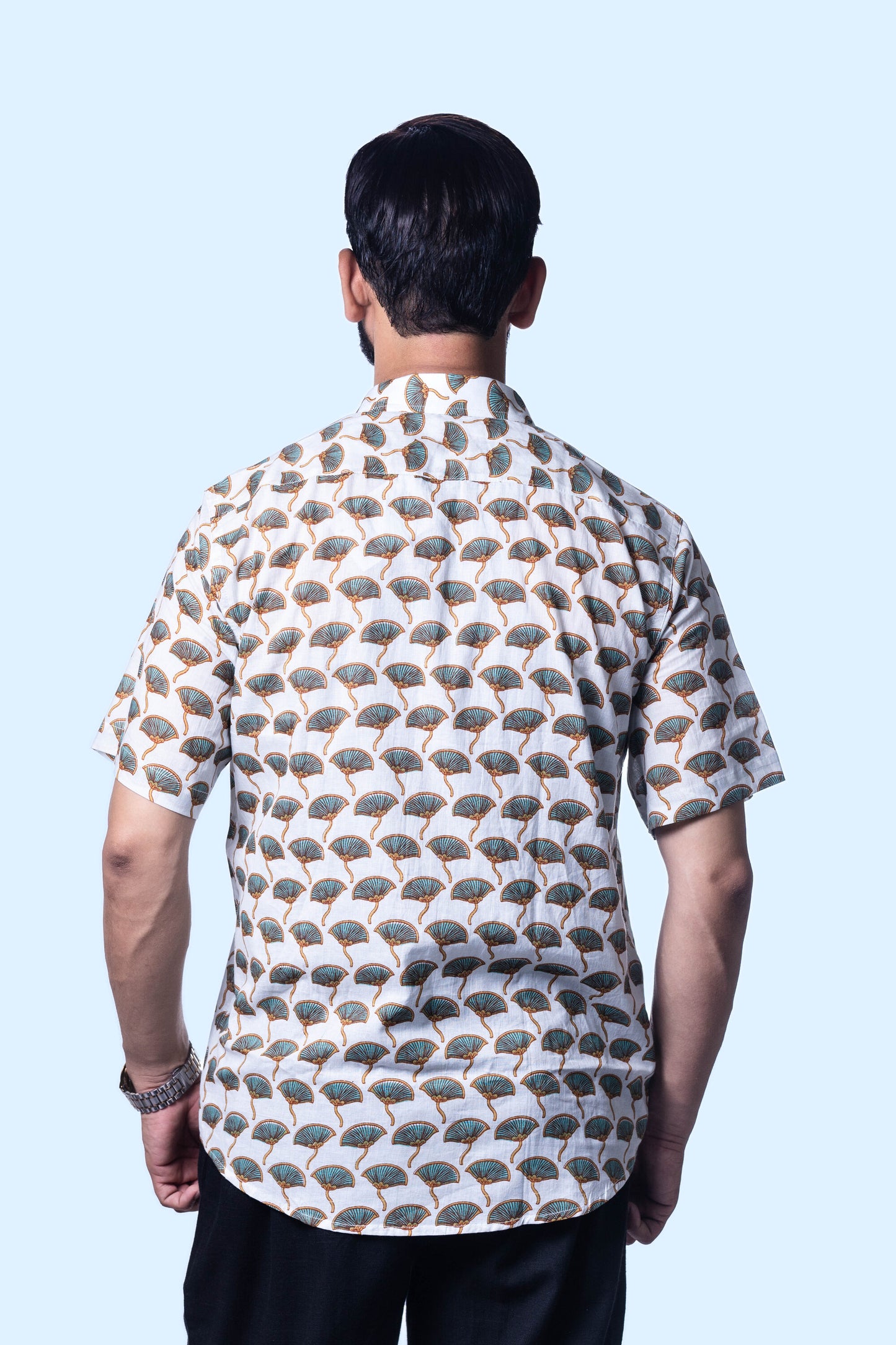 Hand-Block Printed Men's Shirt with Unique Fan Pattern