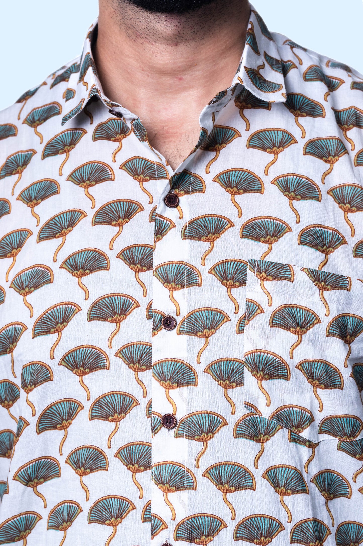 Hand-Block Printed Men's Shirt with Unique Fan Pattern