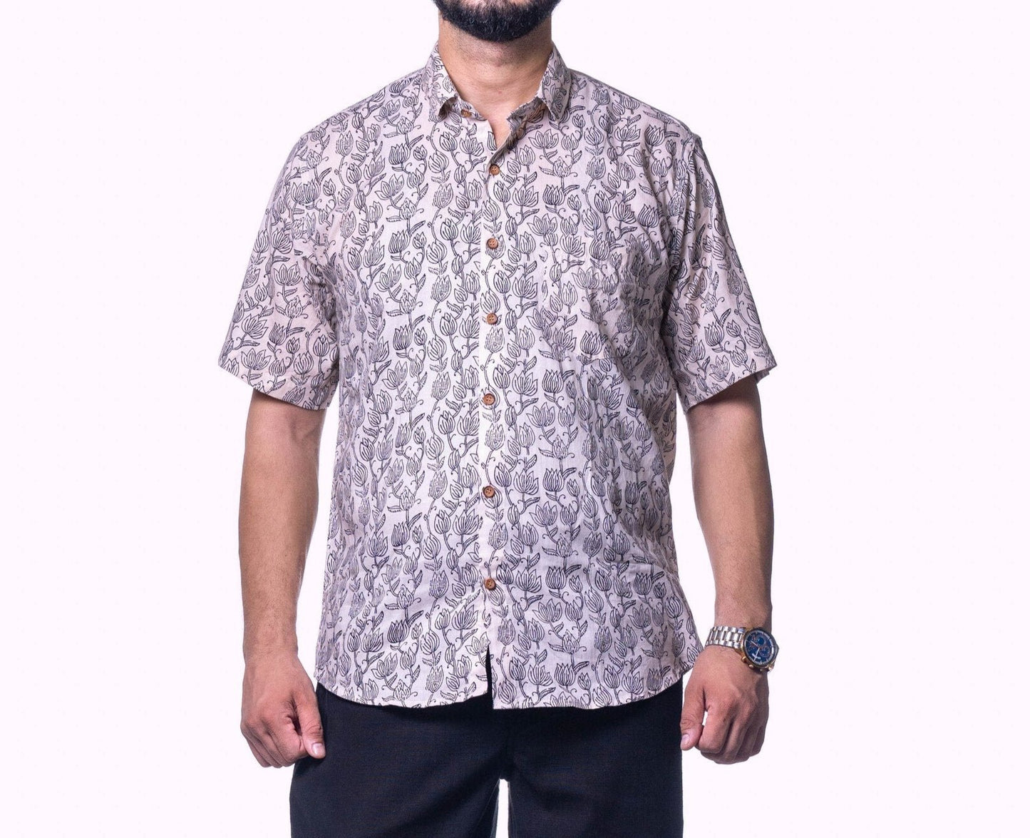 Hand-Block Printed Men's Cotton Shirt flower print