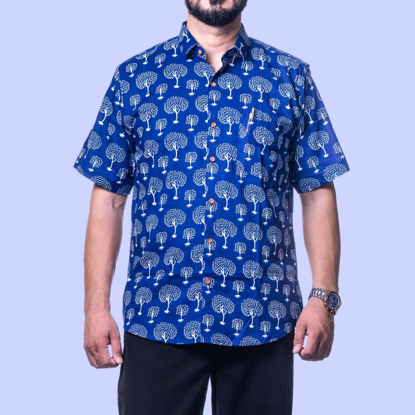 Navy Blue Hand-Block Printed Men's Casual Shirt