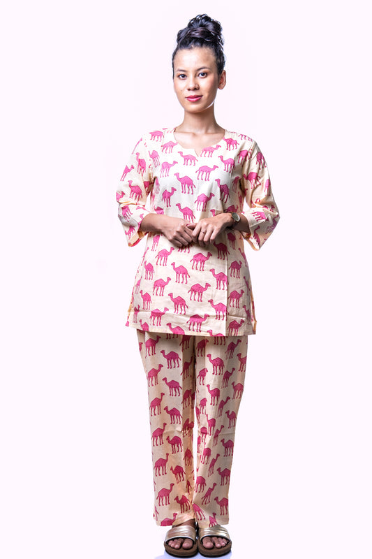 Pink Camel Printed Cotton Lounge Set for Women