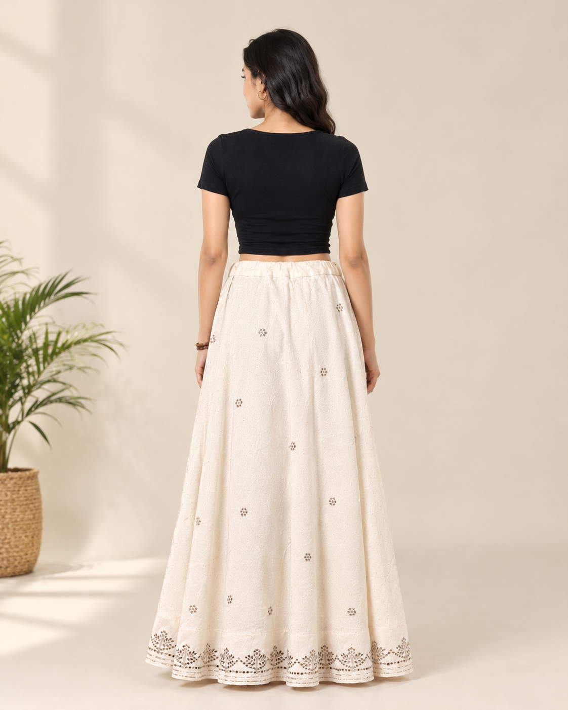 Women’s Cream Embroidered Gota Patti Work Long Flared Skirt
