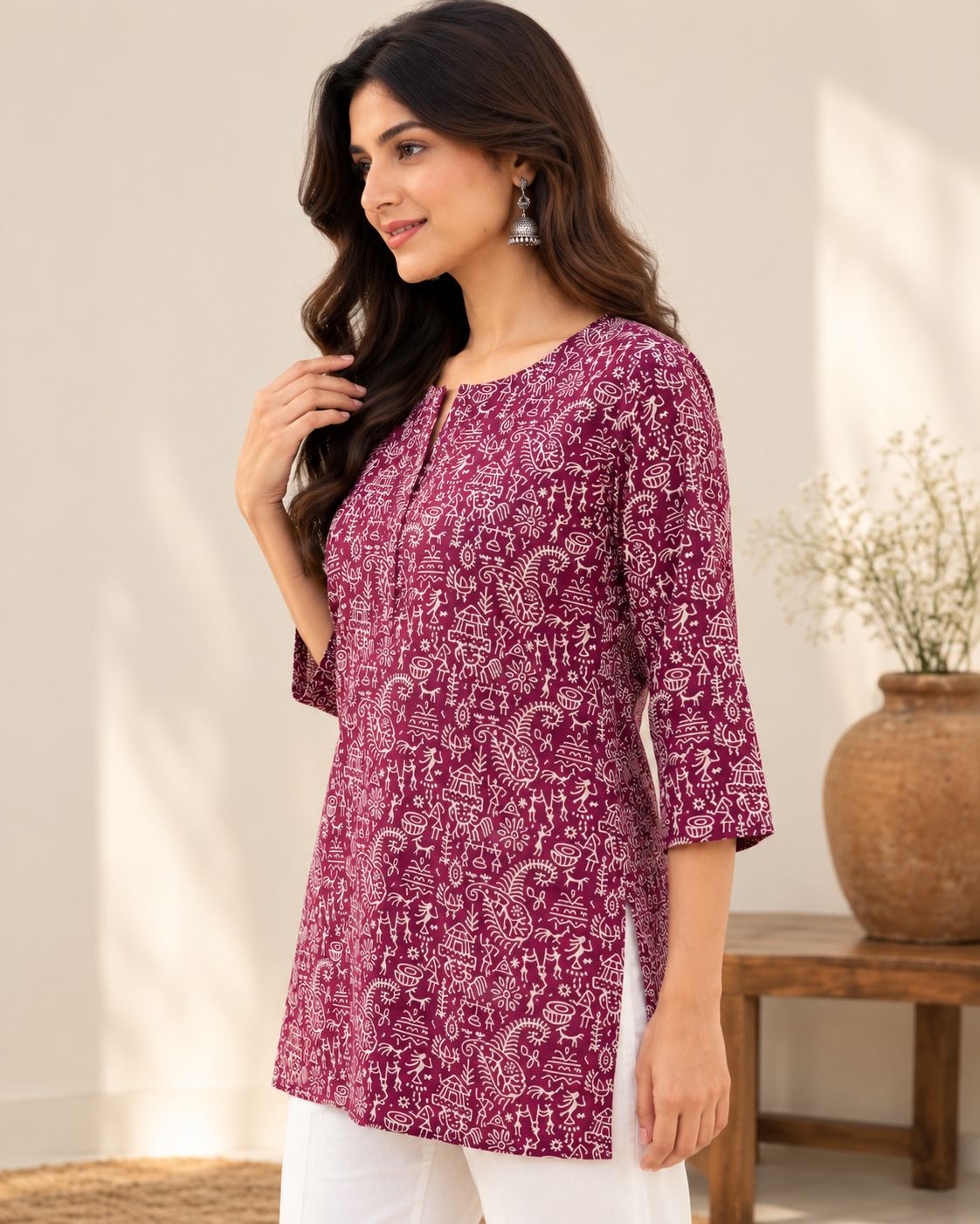 Women’s Wine Printed Short Kurti with Tribal Motifs | 3/4 Sleeve Casual Straight Kurti