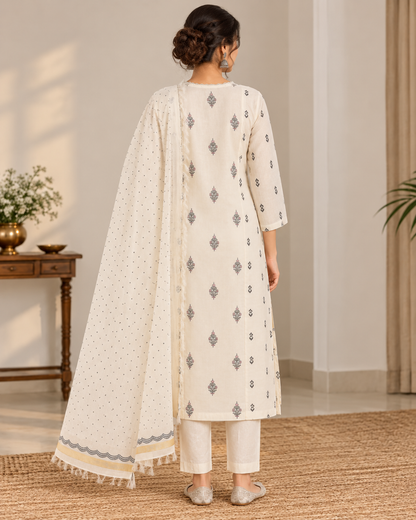 Women’s Mal Chanderi Off-White Printed Kurti Pant Set with Dupatta | Elegant 3-Piece Ethnic Set