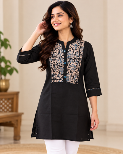 Women's Black Handloom Cotton Kalamkari Hand Block Printed Short Kurti | 3/4 Sleeve Ethnic Top