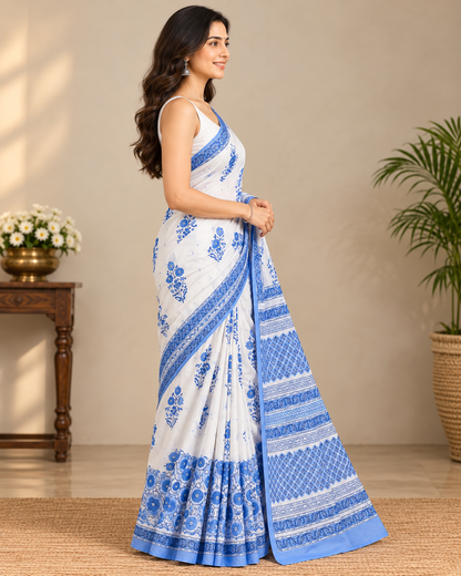Natural Fab Mal Mal Cotton Hand Block Printed Saree with Blouse | 6.30 m