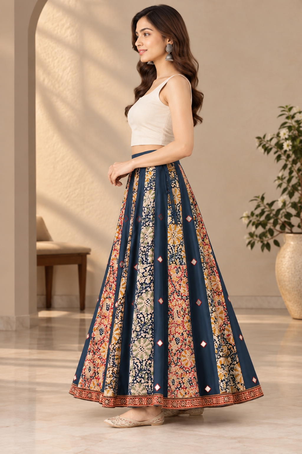 Women's Kalamkari Printed Flared Maxi Skirt with Mirror Work & Traditional Border – Navy Blue