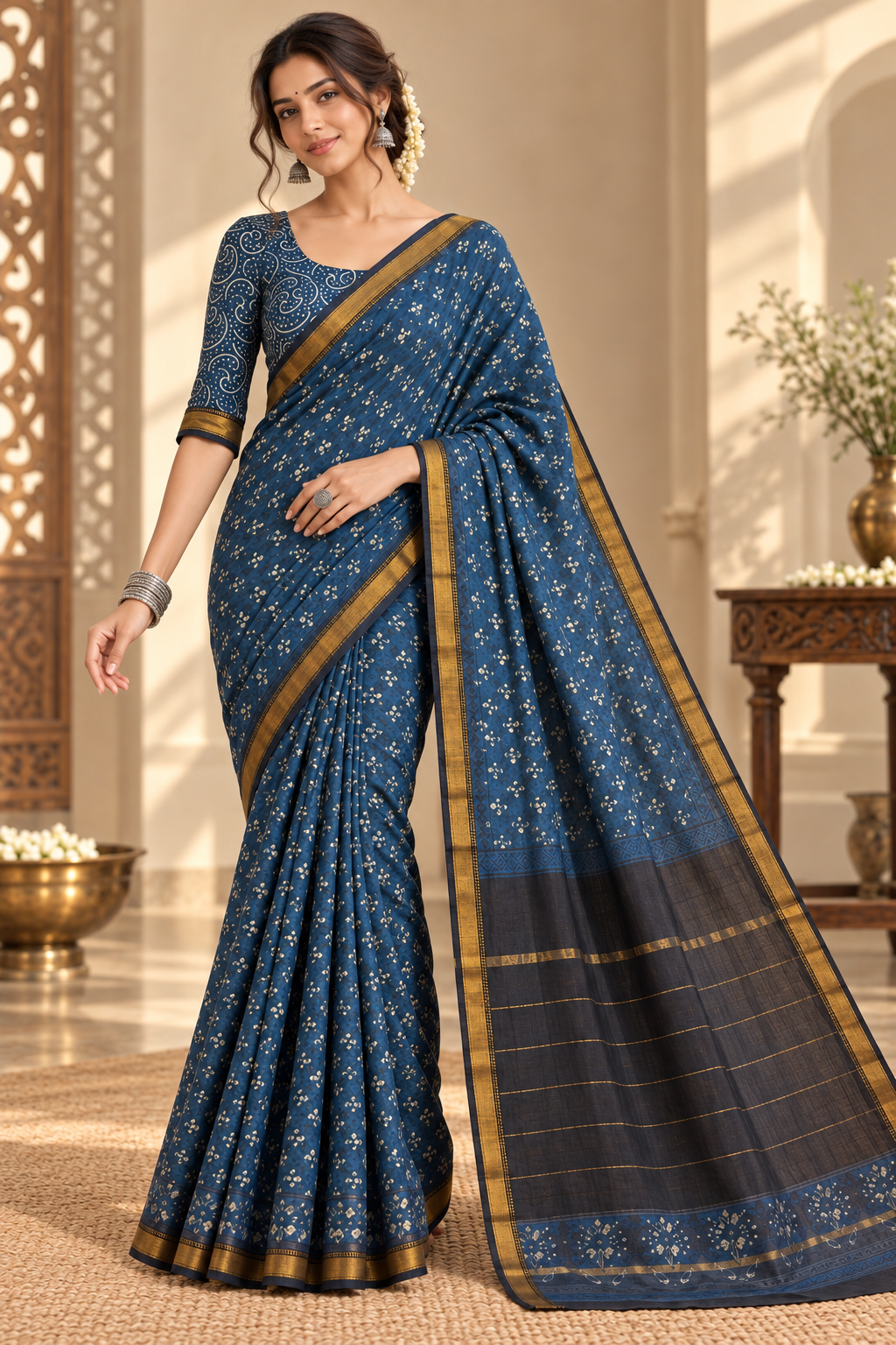 Women's Indigo Blue Cotton Silk Floral Printed Saree with Golden Zari Border & Unstitched Blouse Piece – 6.30 Mtr