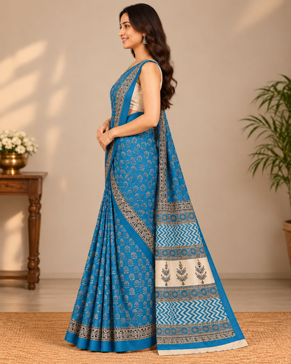 Natural Fab Mal Mal Cotton Hand Block Printed Saree with Blouse | 6.30 m