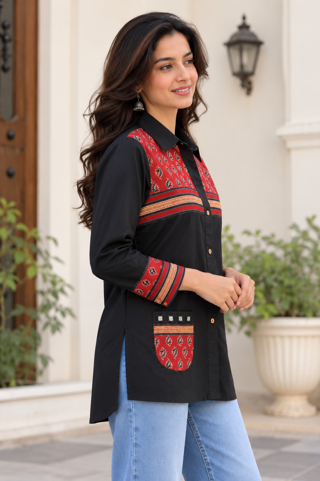 Natural Fab Women's Black & Maroon Ethnic Printed Shirt Style Top with Patch Pocket & Full Sleeves