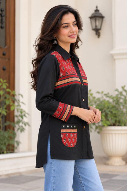 Natural Fab Women's Black & Maroon Ethnic Printed Shirt Style Top with Patch Pocket & Full Sleeves
