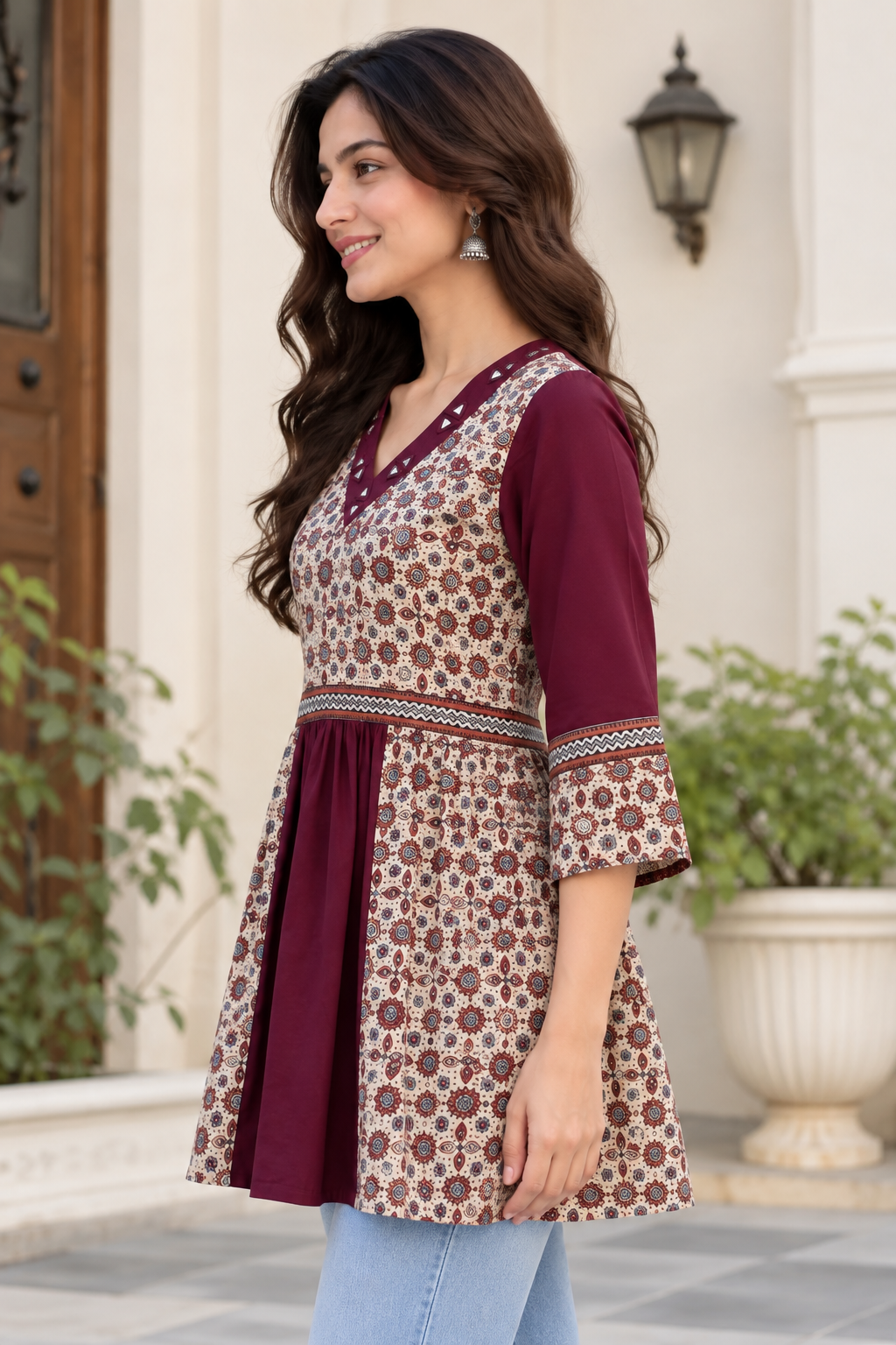 Natural Fab Women's Wine Maroon & Beige Ajrakh Inspired Printed Flared Peplum Top with V-Neck