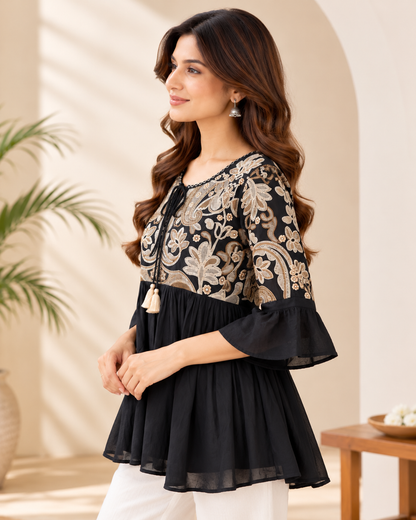 Natural Fab Women’s Black Short Kurti Top | Everyday Ethnic Casual Wear for Women