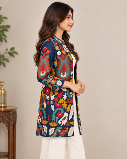 Women's Navy Blue Multicolour Floral Embroidered Long Jacket with Open Front & Ethnic Design
