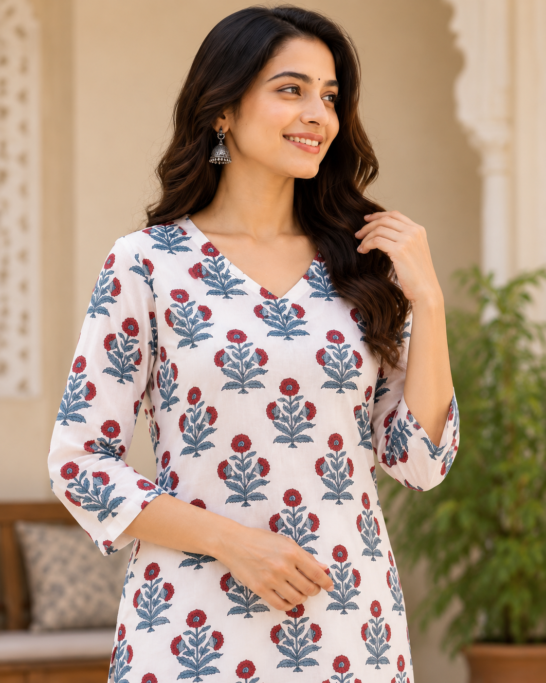 Women’s Hand Block Printed Knee-Length Kurti with Pockets | Floral V-Neck Ethnic Kurta