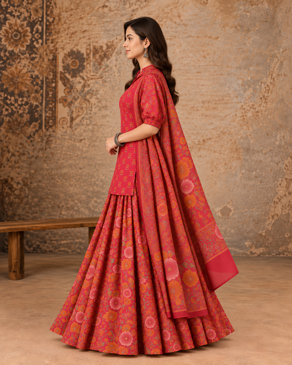 Women’s Cotton Floral Printed Lehenga Set with Kurti & Dupatta | Festive Ethnic Wear