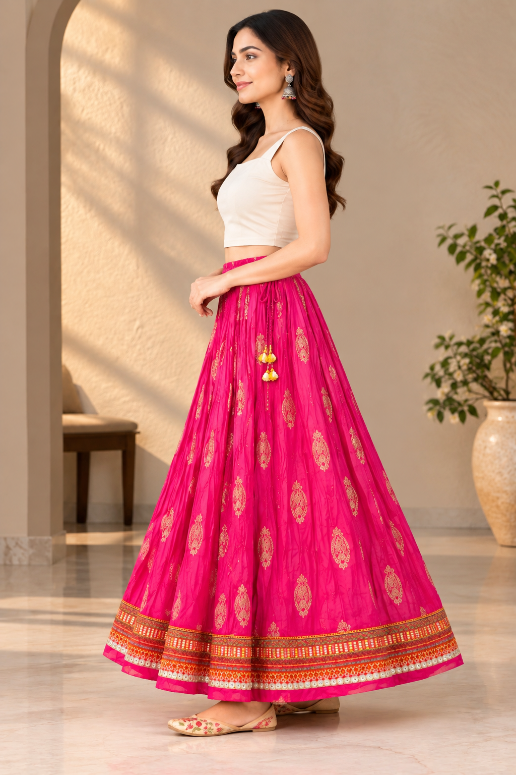 Women's Rani Pink Ottoman Cotton Flared Maxi Skirt with Ethnic Print & Decorative Border