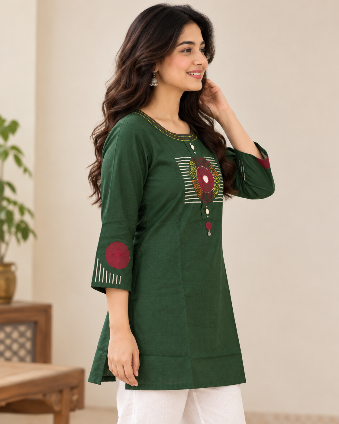 Women's Bottle Green Cotton Short Kurti | Embroidered Round Neck 3/4 Sleeve Ethnic Top