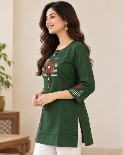Women's Bottle Green Cotton Short Kurti | Embroidered Round Neck 3/4 Sleeve Ethnic Top